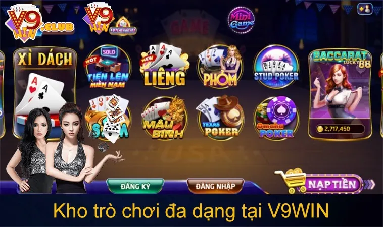 Kho trò chơi đa dạng tại V9WIN bao gồm game bài, bắn cá, nổ hũ và casino trực tuyến