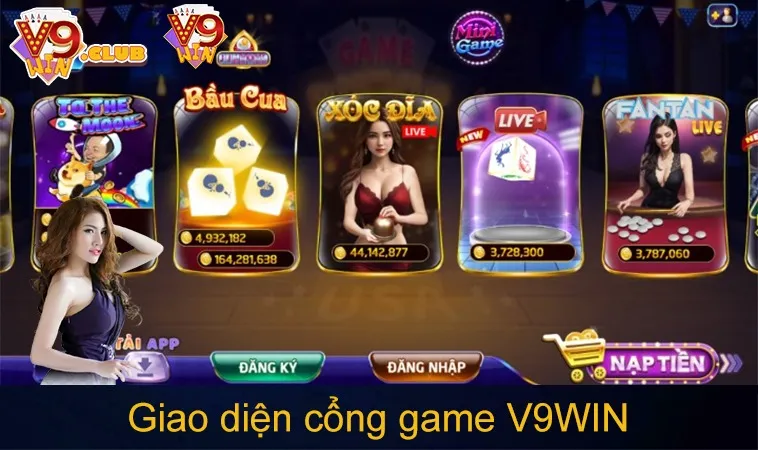 Giao diện cổng game V9WIN kèm số lượng người chơi đăng ký ấn tượng